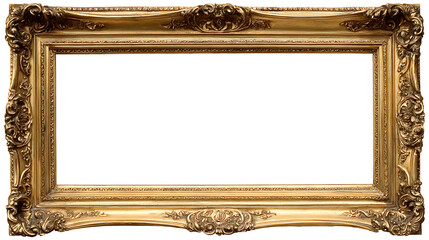 A golden ornate picture frame with intricate details on a white background in a studio setting