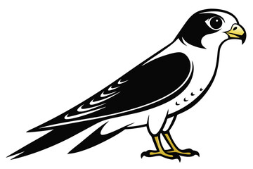 A stylized falcon with black and white plumage is standing alertly