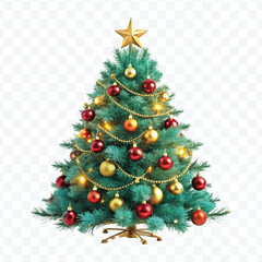 realistic 3d christmas tree with lights, red and gold christmas balls and stars isolated on white background