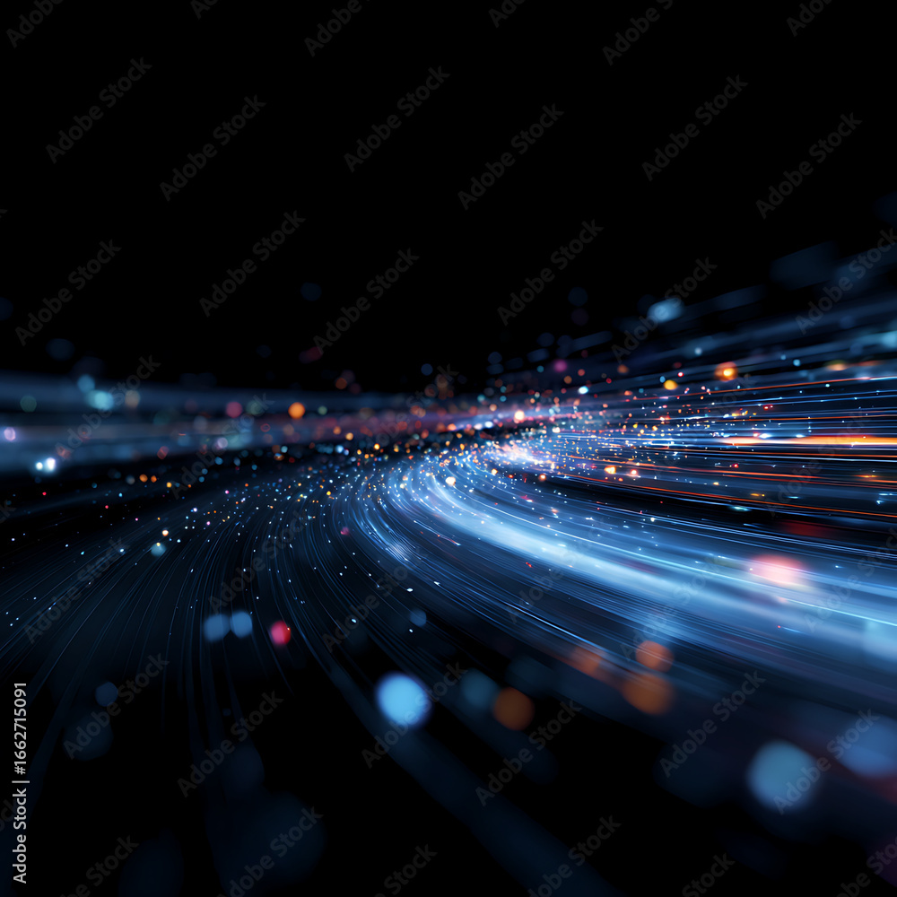 Poster dynamic streams of light flow through the darkness, representing data transfer, technology, and futu