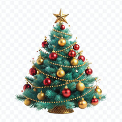 realistic 3d christmas tree with lights, red and gold christmas balls and stars isolated on white background