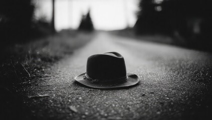 A dark hat rests on a country road
