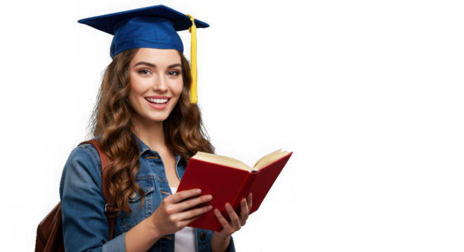Happy student with graduation cap and book isolated on transparent background