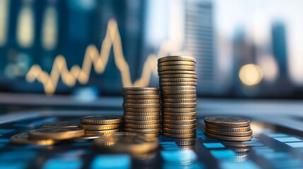 Stacks of gold coins, financial chart, city lights