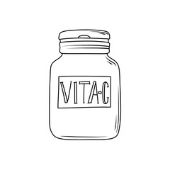 Vitamin C Supplement Bottle Thin Line Art Illustration for Health Nutrition Wellness and Immunity Concept