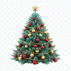 realistic 3d christmas tree with lights, red and gold christmas balls and stars isolated on white background