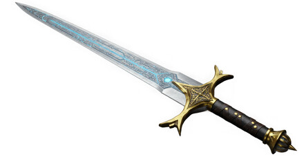 Elegant fantasy sword with golden hilt isolated on transparent background