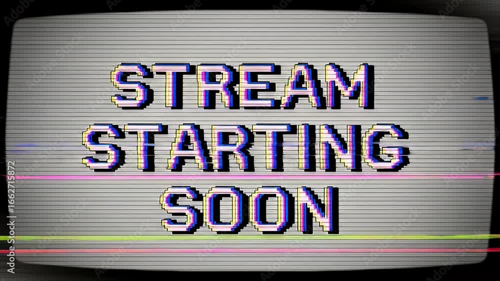 Poster retro-styled text message displayed on a pixelated vintage television screen announcing the upcoming