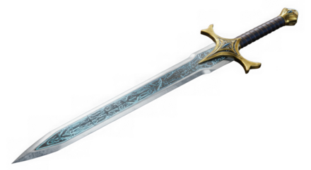 Ornate fantasy sword with silver blade and golden hilt isolated on transparent background
