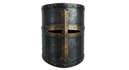 Aged Black Crusader Helmet with Golden Cross on Neutral Background