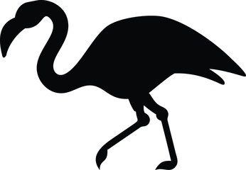 A black flamingo silhouette gracefully moves forward on a white background with elegance