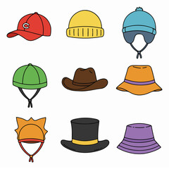 Colorful Vector Illustration Set of Various Hat Types and Headwear Styles