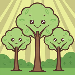 Happy cartoon trees in a sunny meadow; cheerful, friendly illustration; vibrant green foliage; simple line art style; perfect for children's books, eco-friendly branding, or nature-themed projects.
