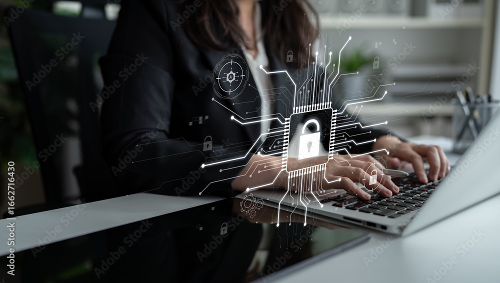 Poster cyber security system protecting digital infrastructure. cyber security ensures data safety, prevent