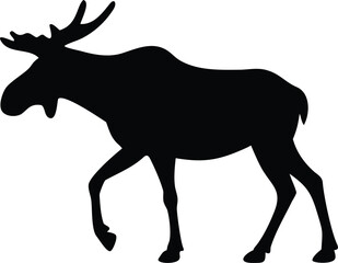 A large black moose silhouette majestically walks gracefully on a white backdrop