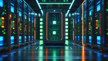 Vibrant AI Server Room: Neon-Lit Data Center Depicting Powerful Processing