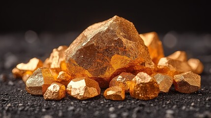 Bunch of Raw Gold Nuggets on Dark Background 