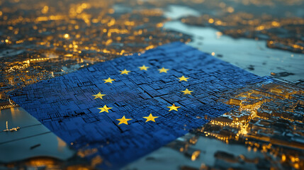 European Union stars flag overlays glowing city streets symbolizing unity.
