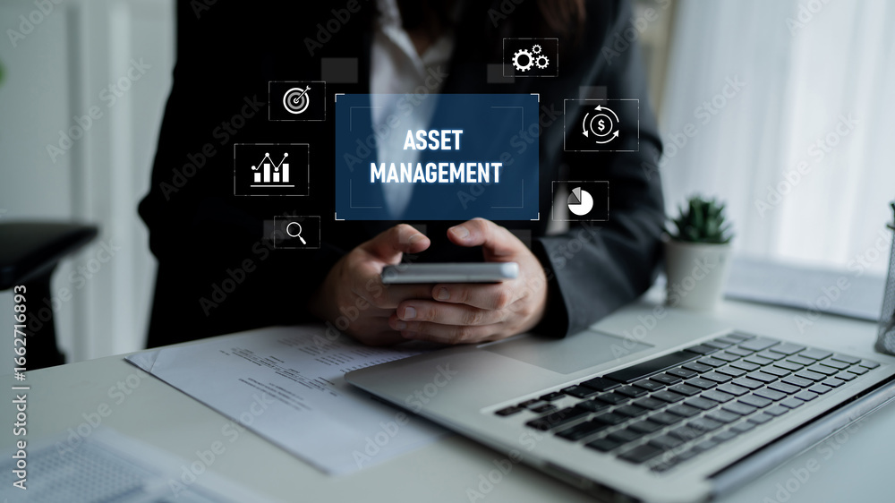 Poster asset management system showing investment planning, financial goal tracking, roi analysis, and perf
