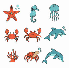 Fototapeta premium Colorful Cartoon Marine Life Illustrations Set with Starfish, Seahorse, Jellyfish, Crabs, Dolphins, Turtle, and Coral Elements