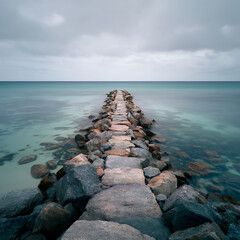 Stone path extending into the calm sea under a cloudy sky, perfect for travel and serene lifestyle content
