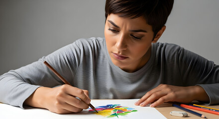 Young woman focused on painting colorful artwork at table in creative art studio or classroom environment for artistic expression and relaxation