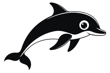Black and white cartoon dolphin is swimming with a cute face