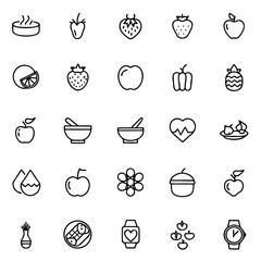 Collection of simple outline icons representing healthy food, wellness, and lifestyle