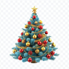 realistic 3d christmas tree with lights, red and gold christmas balls and stars isolated on white background