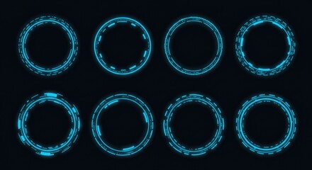 Abstract neon blue portals and HUD tech frames on dark background, glowing geometric AI gateways for game design or digital interface elements.
