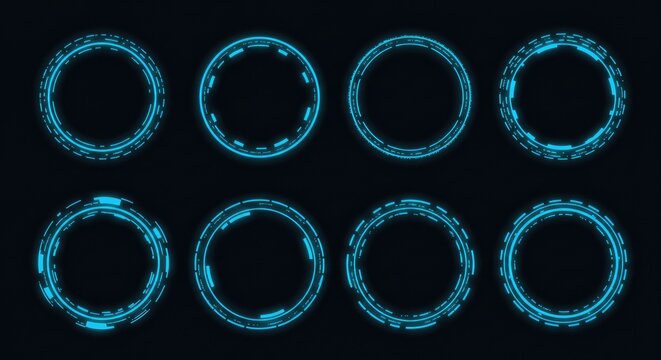 Abstract neon blue portals and HUD tech frames on dark background, glowing geometric AI gateways for game design or digital interface elements.
 - Powered by Adobe