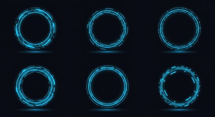 Abstract neon blue portals and HUD tech frames on dark background, glowing geometric AI gateways for game design or digital interface elements.

