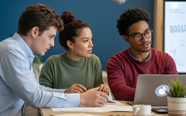 Three diverse young professionals collaborate on a laptop during a business meeting in a modern office