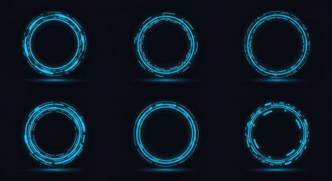 Abstract neon blue portals and HUD tech frames on dark background, glowing geometric AI gateways for game design or digital interface elements.
