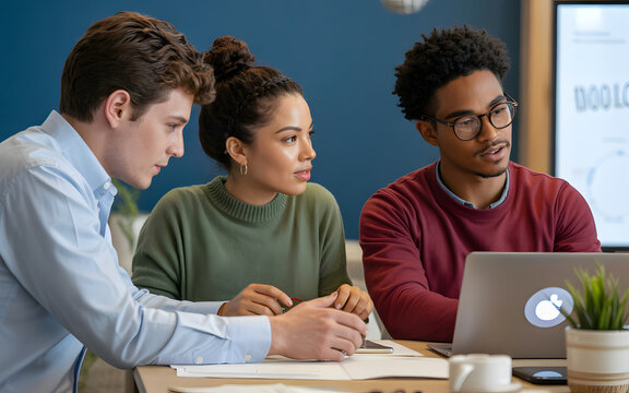 Three diverse young professionals collaborate on a laptop during a business meeting in a modern office - Powered by Adobe