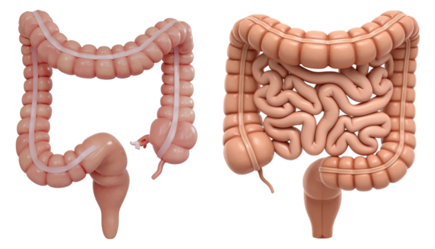 It shows a 3D model of the back, front, and front of a human colon on a transparent background. The model is light peach-colored and realistic in appearance.