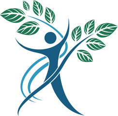 Vector of Abstract human figure with green leaves and blue swooshes symbolizing growth and vitality.