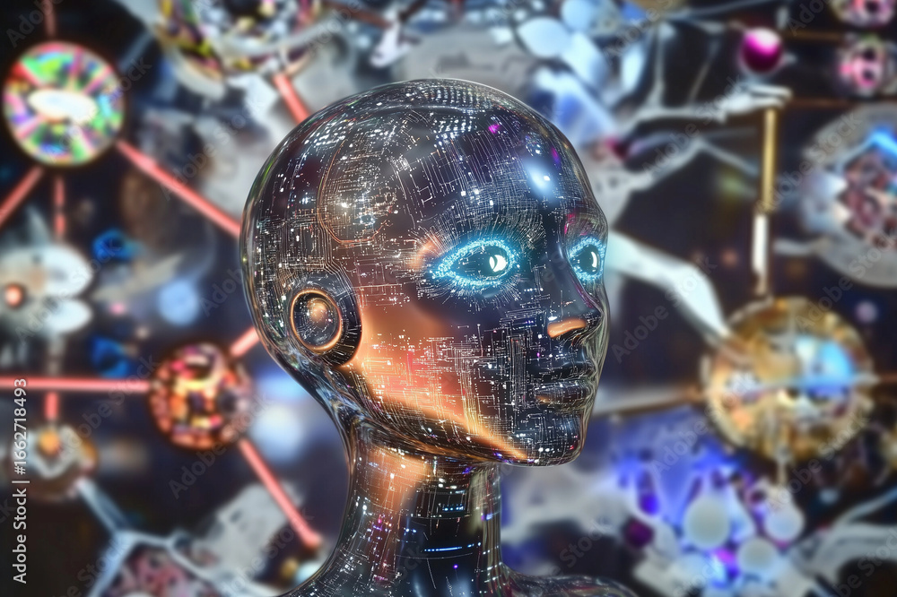 Aufkleber a futuristic portrait of a cosmic android with glowing nebula eyes, symbolizing the dawn of artifici
