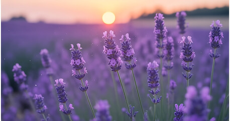 Naklejka premium A close-up of vibrant purple lavender flowers with a soft, warm sunset in the background.