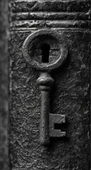 Close-up of an antique key in a dark metal lock