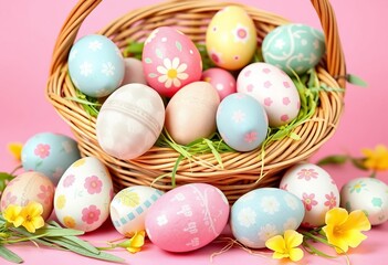 Pastel Easter eggs, various patterns, overflowing wicker basket, pink background ,  holiday celebration,  colorful eggs