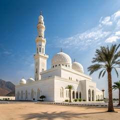 beautiful white mosque under a blue sky in Khasab