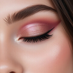 Obraz premium female closed eyelid with gradient rose pink to champagne shimmer eyeshadow