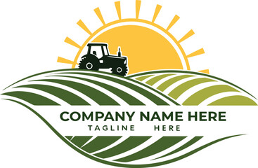 Vector of Tractor on rolling hills under a radiant sun logo design generative ai