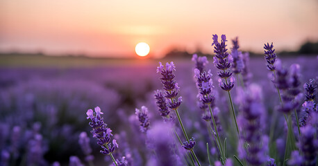 Naklejka premium A close-up of vibrant purple lavender flowers with a soft, warm sunset in the background.