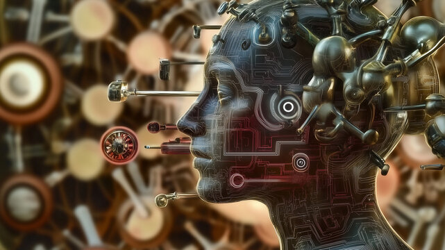 A conceptual rendering of artificial intelligence awakening, depicting a complex cybernetic head being assembled by nanobots, exploring the future of consciousness