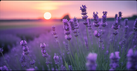 Naklejka premium A close-up of vibrant purple lavender flowers with a soft, warm sunset in the background.