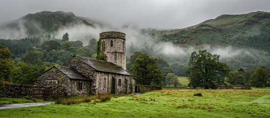 Misty, rustic church nestled in a valley with rolling hills