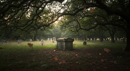 A cemetery under a large tree with headstones and leaves falling