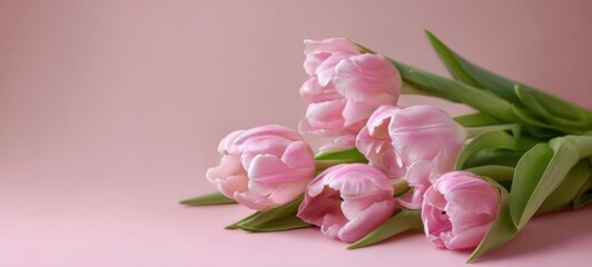 The delicate pink tulips arranged elegantly on soft pastel background.
